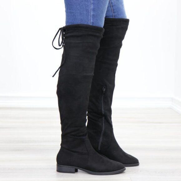 Black Suede Over the Knee Boots Low Heel Tie Back Detail - Picture 4 of 13
